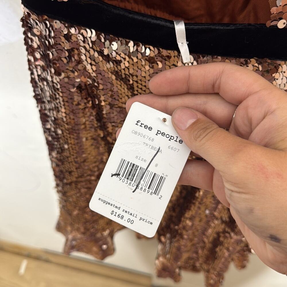 Free People Tribeca Bronze Sequin Ruffle Detail Black Ribbon Dress Small NEW! - Picture 3 of 5